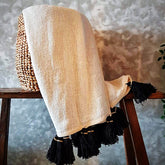 White Woven Cotton Throw with Black Tassels and Wooden Beads | 130×200cm